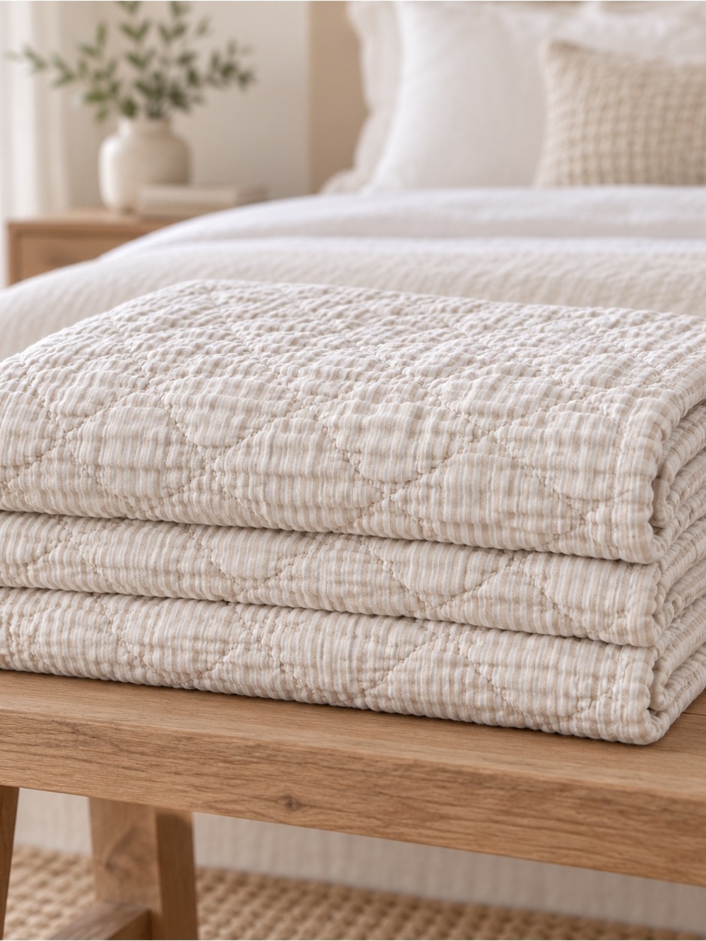 Neutral Beige White 100% Cotton Twin Quilt 62x86